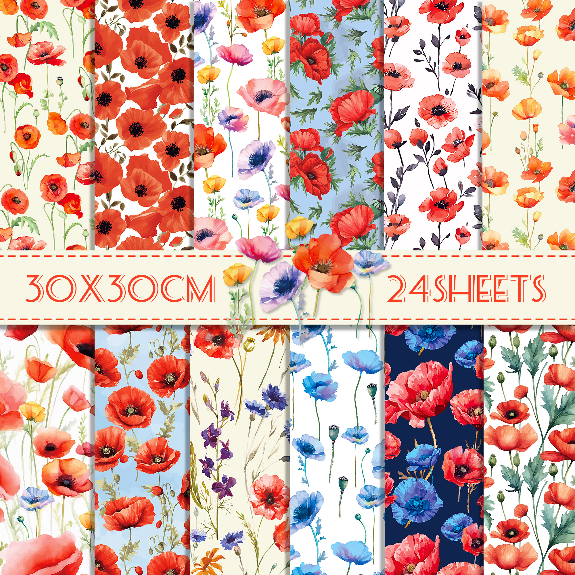 Photography Class - 24pcs 30*30cm Poppy Red Flowers Scrapbook